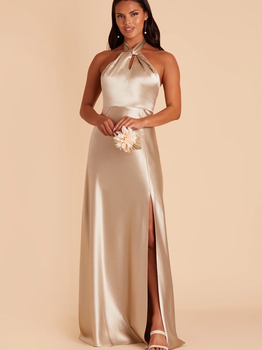 Birdy Grey Monica Halter Satin Gown in Shiny Satin Champagne